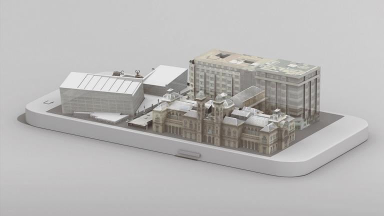Planos 3D de edificios de San Sebastián emergiendo de la pantalla de un móvil